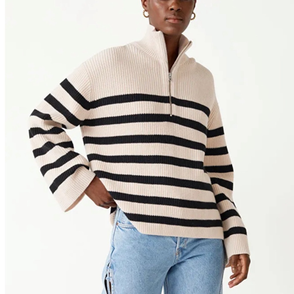 & Other Stories Cream and Black Striped Half-Zip V-Neck Sweater